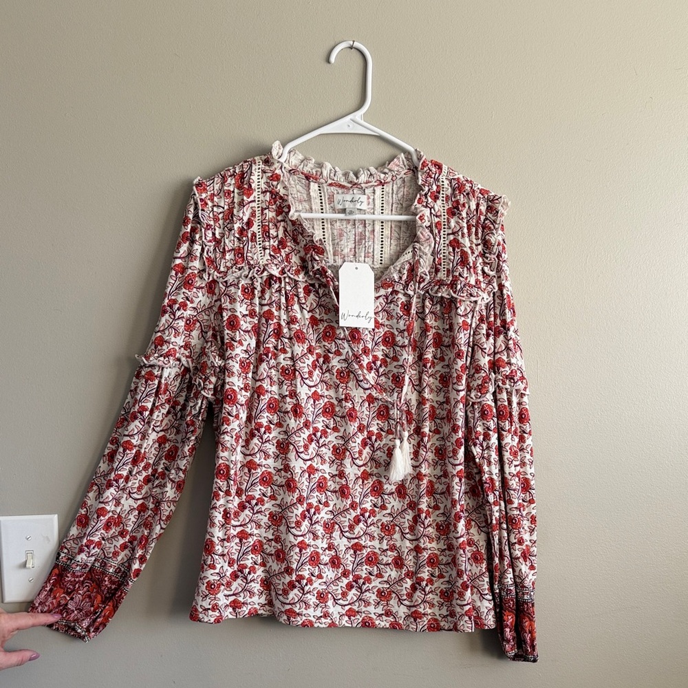 Wonderly Cream Blouse with Red Floral Print and Tassel Tie